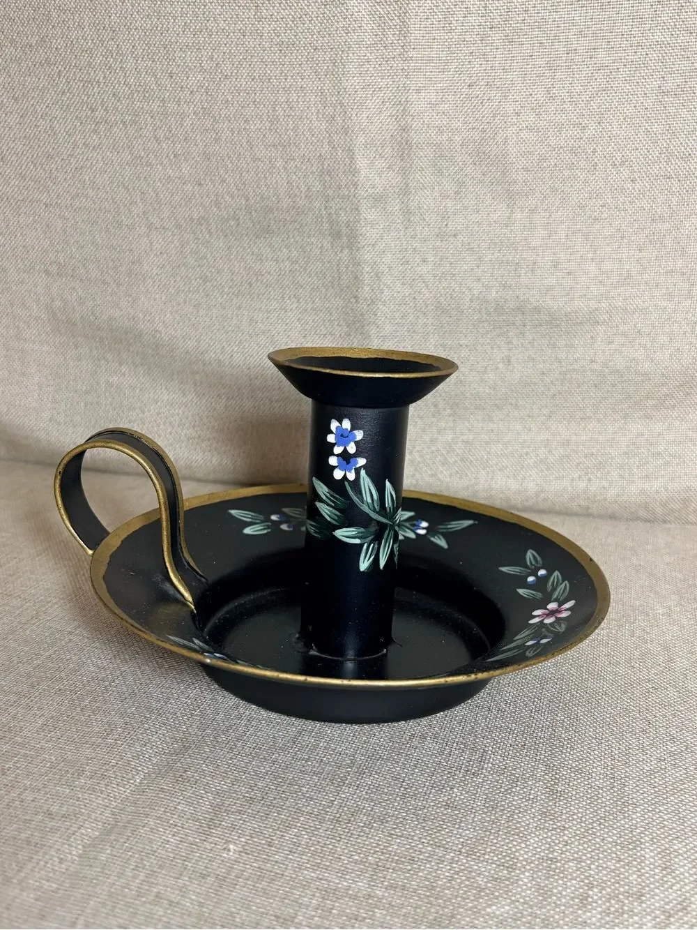 Vintage Centrum Toleware Chamberstick Candle Holder Hand Painted Floral 1989